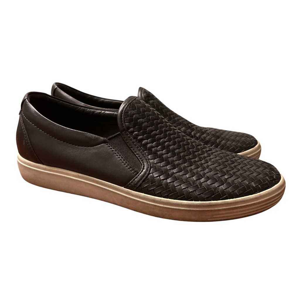 Ecco Women's 40 US 9 9.5 Black Leather Woven Slip On Clogs Loafers‎ Comfort Shoe